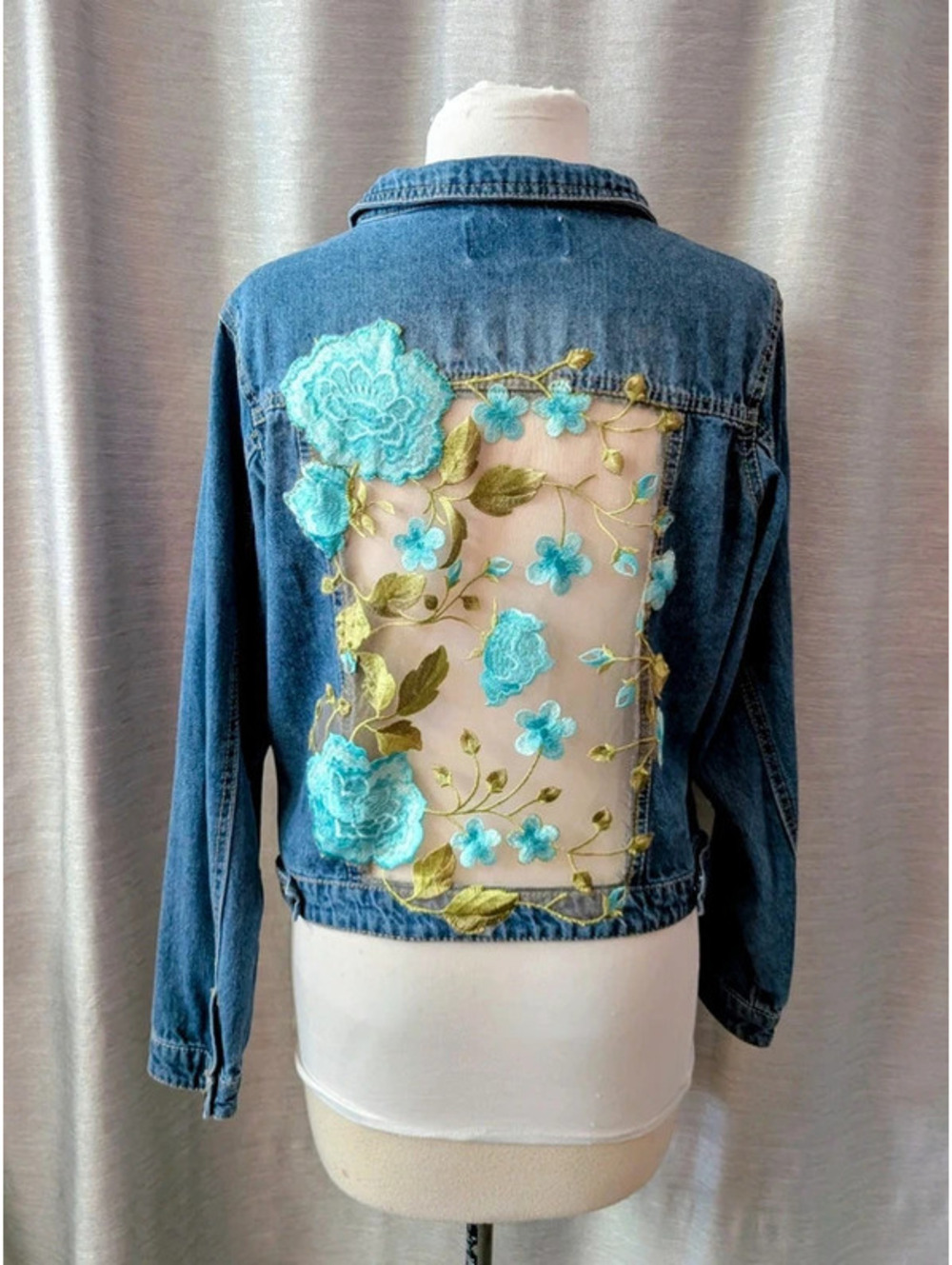 Upcycled Embroidered Floral Denim Jean Jacket S/M